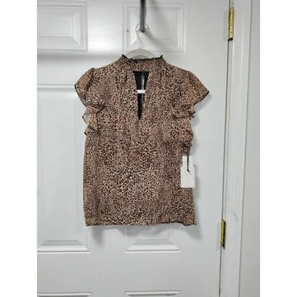 NWT 1State Cheetah Whimsy Blouse Top Short Fairy Sleeve VNeck Choker Style Small - Picture 2 of 14